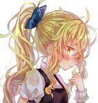  alternate_hairstyle blonde_hair blush commentary_request earrings hair_ribbon highres jewelry kirisame_marisa long_hair peipei ponytail ribbon solo touhou wavy_hair wrist_cuffs yellow_eyes 