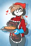  anthro apron big_breasts braided_hair breasts brown_eyes brown_hair canine charlie_(duckdraw) clothing dalmatian dog duckdraw ear_piercing female food hair mammal mature_female mother oven_gloves parent pie piercing smile solo standing sweater turtleneck 