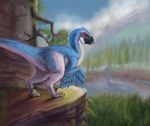  2017 ambiguous_gender avian blue_feathers brown_eyes claws cliff cloud dakotaraptor day detailed_background digital_media_(artwork) dinosaur diplodocus dolphinwarrior feathers female_focus feral group hi_res landscape long_neck mountain nude outside raptor sauropod sky theropod tree white_feathers 