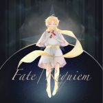  1boy ahoge blonde_hair blue_eyes copyright_name fate/requiem fate_(series) floating highres looking_at_viewer male_focus mysterious_boy_(fate/requiem) sash scarf short_sleeves solo star starry_background toy_airplane 