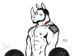  2017 abs anthro barbell beard bgn biceps black_and_white digital_media_(artwork) exercise facial_hair front_view hair half-length_portrait holding_object horn isaiah looking_at_viewer male mammal monochrome muscular muscular_male navel nipples pecs portrait rhinoceros short_hair signature simple_background snout solo spot_color standing tattoo watermark weightlifting weights white_background workout 