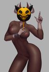  breasts brown_eyes brown_fur canine claws cropped_ears doberman dog female fur horn jewelry jibs looking_at_viewer mammal mask multicolored_fur necklace nipples simple_background skull skull_mask solo two_tone_fur white_fur xngfng95 