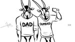  2015 antelope anthro bgn black_and_white bottomless cellphone clothed clothing digital_media_(artwork) duo english_text father father_and_son flaccid front_view grumpy holding_object holding_phone horn jamie_the_oryx looking_at_viewer male mammal monochrome oryx parent penis phone selfie signature simple_background smile son standing text white_background 
