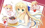  apron bikini blonde_hair blush breasts cake chibi cleavage food fruit green_eyes headdress heroina_di_gaballero_istaa hontani_kanae kin&#039;iro_loveriche kisaki_reina long_hair navel saga_planets souma_ria strawberry swimsuit sylvia_le_cruzcrown_sorfilege_sisua toranosuke 