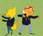  2017 animated anthro backwards_cap boots canine casey_(nitw) cat clothed clothing dancing duo fangs feline footwear fox fur gregg_(nitw) hat hooded_jacket hoodie jacket jeans lace leather leather_jacket mammal night_in_the_woods orange_fur pants party sharp_teeth sneakers teeth title-it-yourself torn_clothing torn_jeans torn_pants yellow_fur 