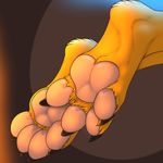  2017 3dinoz 4_toes anthro brown_background cat digitigrade faceless_ambiguous feline foot_focus foot_shot fur mammal pawpads paws simple_background solo toes yellow_fur 