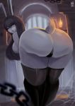  2018 andro_juniarto anthro bent_over big_butt black_hair breasts butt chain clothing female fur grey_fur hair hi_res huge_butt inside lagomorph looking_back mammal panties presenting presenting_hindquarters pussy_juice rabbit rear_view side_boob solo spider_web torch underwear 