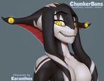  2017 3d_(artwork) 4_eyes anthro biped black_skin breasts bust_portrait chunkerbuns demon digital_media_(artwork) featureless_breasts female fish frill front_view glowing glowing_eyes grey_background hammerhead_shark looking_at_viewer marine medium_breasts miharu_(karanthos) multi_eye multicolored_skin naughty_face neck_frill non-mammal_breasts nude portrait raised_eyebrows red_skin shark sharp_teeth simple_background slit_pupils smile solo teeth white_skin yellow_eyes zbrush 