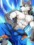  2017 abs anthro biceps black_nose canine clothed clothing digital_media_(artwork) fur hi_res kadzu male mammal muscular muscular_male pecs wolf 