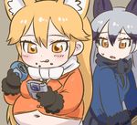  black_bow black_neckwear blue_jacket bow bowtie commentary eating ezo_red_fox_(kemono_friends) fat food fox_ears fur-trimmed_sleeves fur_trim game_boy handheld_game_console jacket japari_bun japari_symbol kemono_friends kuro_(kurojill) navel orange_jacket plump silver_fox_(kemono_friends) skirt weight_gain white_bow white_neckwear white_skirt 