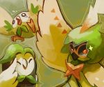  ^_^ bird closed_eyes commentary creature creatures_(company) crying dartrix decidueye english_commentary evolution eyes_closed flying game_freak gen_7_pokemon green looking_at_viewer nintendo no_humans orange_eyes owl pokemon pokemon_(creature) rinnai-rai rowlet sparkle tears tumblr_username 