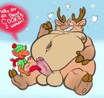  anthro antlers balls belly big_belly blush cervine christmas deep_navel duo english_text eyes_closed feathers holidays horn humanoid_penis male mammal navel nude overweight overweight_male penis precum reindeer size_difference solo_focus teeth text tickling tickling_penis vein veiny_penis yagi-no-baka 