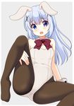  :d animal_ears bangs bare_arms bare_shoulders black_legwear blue_eyes blue_hair blush bow bowtie bunny_ears bunny_girl bunnysuit cameltoe chobi_(5760403) commentary_request detached_collar eyebrows_visible_through_hair fingernails gochuumon_wa_usagi_desu_ka? grey_background hair_between_eyes hair_ornament head_tilt highres kafuu_chino leg_up leotard long_hair looking_at_viewer no_shoes open_mouth pantyhose red_neckwear simple_background sitting smile solo strapless strapless_leotard white_collar white_leotard wrist_cuffs x_hair_ornament 
