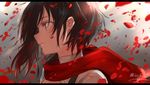  artist_name black_hair closed_mouth from_side grey_eyes highres isshiki_(ffmania7) letterboxed lips petals red_scarf ruby_rose rwby scarf signature solo twitter_username upper_body wind 