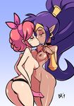  2girls absurdres ass bigdead93 blush breasts character_request dark_skin dildo earrings female jewelry kiss long_hair looking_at_viewer multiple_girls navel nude pink_hair pointy_ears ponytail purple_hair sex_toy shantae shantae_(character) shantae_(series) simple_background solo uncensored very_long_hair yuri 