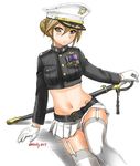  black_jacket breast_pocket brown_eyes brown_hair copyright_request ebifly feet_out_of_frame garter_straps gloves hair_between_eyes hair_bun hat holding holding_sword holding_weapon insignia jacket katana long_sleeves looking_at_viewer medal military military_hat military_uniform miniskirt navel parted_lips peaked_cap pleated_skirt pocket sitting skirt solo sword thighhighs twitter_username uniform weapon white_gloves white_legwear 