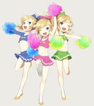  arm_up armpits blonde_hair bow cheerleader crossdressing hair_bow highres link looking_at_viewer meimone midriff multiple_boys multiple_persona navel one_eye_closed open_mouth otoko_no_ko pointy_ears pom_poms skirt smile socks stomach the_legend_of_zelda the_legend_of_zelda:_tri_force_heroes toon_link 