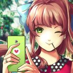  ;) blue_bow blurry blurry_background bow brown_hair cellphone closed_mouth commentary doki_doki_literature_club earrings english_commentary eyebrows_visible_through_hair food food_in_mouth green_eyes hair_bow hannah_santos heart heart_print highres holding holding_phone jewelry long_hair looking_at_viewer monika_(doki_doki_literature_club) one_eye_closed phone pocky ponytail portrait sidelocks smartphone smile solo star star-shaped_pupils symbol-shaped_pupils 