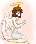  2017 4_fingers alasou angel anthro brown_eyes brown_hair clothed clothing digital_media_(artwork) feathered_wings feathers female hair kneeling lagomorph mammal rabbit simple_background solo white_background wings 