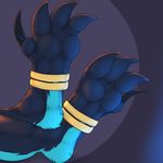  2017 3dinoz 4_toes anthro black_fur black_skin blue_fur claws digitigrade faceless_ambiguous foot_focus foot_shot fur grey_background leg_bracelets mammal multicolored_fur pawpads paws simple_background solo toe_claw toes two_tone_fur zorgoia 