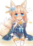  anchor_hair_ornament animal_ears arm_at_side azur_lane bangs bare_shoulders bell bike_shorts blonde_hair blue_bow blue_eyes blue_kimono blue_pupils blush bow breasts cherry_blossoms cowboy_shot d: eyebrows eyebrows_visible_through_hair flower flying_sweatdrops fox_ears fox_tail frown fur_collar hair_flower hair_ornament hair_stick japanese_clothes jewelry jingle_bell kimono legs_together long_hair long_sleeves looking_at_viewer multiple_tails niizuki_(azur_lane) off_shoulder open_mouth petals pom_pom_(clothes) red_ribbon ribbon ring short_kimono small_breasts solo sparkle standing sunapua tail tareme thick_eyebrows thighhighs wedding_ring white_legwear wide_sleeves zettai_ryouiki 