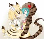  animal_ears aqua_hair blonde_hair blush bow bowtie brown_eyes cat_ears cat_tail commentary_request dressing_another elbow_gloves eye_contact gloves hands_in_pockets hekicho hood hoodie kemono_friends layered_skirt looking_at_another multiple_girls open_mouth ribbon sand_cat_(kemono_friends) snake_tail striped_hoodie tail triangle_mouth tsuchinoko_(kemono_friends) tying yellow_eyes yuri 