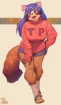  anthro aruurara bent_over big_breasts black_nose blue_hair breasts cheek_tuft clothed clothing fangs female footwear hair hand_on_hip hand_on_thigh long_hair looking_at_viewer mammal open_mouth open_smile pink_eyes sandals smile solo sweater tanuki tuft 