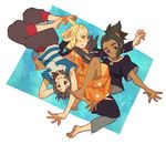  aoya_(ayoyame18) barefoot black_hair blonde_hair dark_skin dark_skinned_male ear_piercing gladio_(pokemon) green_eyes green_hair hair_over_one_eye hau_(pokemon) hood hoodie male_focus multiple_boys open_mouth piercing pokemon pokemon_(game) pokemon_sm shirt short_hair short_ponytail shorts striped striped_shirt t-shirt torn_clothes you_(pokemon) 