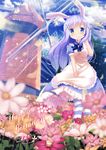 animal_ears apron arm_up between_legs blue_dress blue_legwear blue_neckwear blue_sky blurry blurry_background blurry_foreground blush breasts bunny_ears character_name chinomaron closed_mouth cloud cloudy_sky commentary_request day dress eyebrows_visible_through_hair field flower flower_field frills from_below gochuumon_wa_usagi_desu_ka? hair_ornament hairclip hand_between_legs happy_birthday highres kafuu_chino light_blue_hair long_hair maid maid_apron outdoors petals shirt short_sleeves sidelocks signature sky small_breasts smile solo standing striped striped_legwear sunlight thighhighs tree white_shirt wind windmill x_hair_ornament 