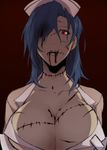  1girl blood blood_from_mouth blue_hair breasts cleavage ganno hair_down hair_over_one_eye hat highres large_breasts long_hair looking_at_viewer nurse nurse_cap red_background red_eyes scar skullgirls solo stitches upper_body valentine_(skullgirls) 