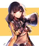  absurdres bangs black_gloves black_hair blush breasts collared_shirt commentary eyebrows_visible_through_hair eyes_visible_through_hair fingerless_gloves girls_frontline gloves hair_between_eyes heterochromia highres hood hooded_jacket jacket lanyard long_hair looking_at_viewer medium_breasts megaphone multicolored_hair orange_eyes pleated_skirt red_eyes ro635_(girls_frontline) shirt simple_background skirt solo streaked_hair twintails white_hair yanggang yellow_eyes yellow_jacket 