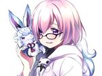  alternate_costume blush creature fate/grand_order fate_(series) fingernails fou_(fate/grand_order) glasses hair_over_one_eye hand_up highres hood hood_down looking_at_viewer mash_kyrielight parted_lips pink_hair purple_eyes short_hair simple_background smile upper_body vanilla_(miotanntann) white_background white_hoodie 