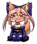  &gt;_&lt; 3: animal_ears bare_shoulders blue_footwear blue_kimono blush boots bow closed_eyes cowfee d: detached_collar detached_sleeves dot_nose eyebrows_visible_through_hair facial_hair fate/grand_order fate_(series) fox_ears fox_tail full_body hair_bow japanese_clothes kimono long_sleeves obi open_mouth pink_hair sash short_kimono simple_background sitting tail tamamo_(fate)_(all) tamamo_no_mae_(fate) thigh_boots thighhighs twintails wariza white_background 