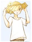  blonde_hair flower gladio_(pokemon) green_eyes hair_over_one_eye hat hibiscus male_focus open_mouth pokemon pokemon_(game) pokemon_sm shiratama_(iw_nm) shirt short_hair solo straw_hat t-shirt 