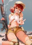  ataruman badge baseball_cap belt boots breasts broken_eyewear brown_eyes brown_hair bruise bullet commentary_request fio_germi glasses gun hat highres injury knee_pads medium_breasts metal_slug midriff military navel ponytail shorts sleeveless solo torn_clothes v vest weapon 