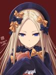  abigail_williams_(fate/grand_order) black_bow black_hat black_shirt blonde_hair blue_eyes bow brown_background closed_mouth expressionless fate/grand_order fate_(series) hair_bow hat haura_akitoshi holding holding_stuffed_animal long_hair long_sleeves looking_at_viewer orange_bow polka_dot polka_dot_bow shirt signature simple_background sleeves_past_fingers sleeves_past_wrists solo straight_hair stuffed_animal stuffed_toy teddy_bear tsurime twitter_username upper_body 
