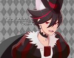  :d alternate_color animal_ears argyle argyle_background black_cape black_hair black_hat black_neckwear blood cape character_name choker cure_chocolat dark_persona dog_ears earrings extra_ears grey_background hat jewelry juliet_sleeves kenjou_akira kirakira_precure_a_la_mode long_sleeves looking_at_viewer multicolored_hair open_mouth precure puffy_sleeves red_eyes red_hair short_hair smile solo streaked_hair top_hat two-tone_hair unpale upper_body 