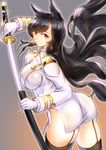  animal_ears ass atago_(azur_lane) azur_lane bangs black_hair black_legwear breasts buttons closed_mouth dog_ears drawing_sword eyebrows eyebrows_visible_through_hair floating_hair garter_straps gloves gradient gradient_background impossible_clothes jacket katana long_hair long_sleeves looking_at_viewer medal military military_uniform mokerou mole mole_under_eye multicolored multicolored_background orange_eyes ribbon sheath smile solo swept_bangs sword uniform unsheathing weapon white_gloves white_jacket white_ribbon white_uniform 