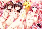  4girls armpits ass bathing black_hair blonde_hair breasts brown_hair cleavage collarbone demon_tail flat_chest flower green_eyes highres in_water konjiki_no_yami kotegawa_yui lala_satalin_deviluke large_breasts long_hair looking_at_viewer multiple_girls navel nipples nude official_art open_mouth pink_hair red_eyes rose rose_petal_bath rose_petals tail to_love-ru water wet wet_hair yabuki_kentarou yellow_eyes yuuki_mikan 