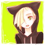  blonde_hair ear_piercing gladio_(pokemon) green_eyes hair_over_one_eye hood hood_up male_focus piercing pokemon pokemon_(game) pokemon_sm shiratama_(iw_nm) solo torn_clothes 