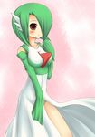  1girl aokichi bare_shoulders blush breasts collarbone detached_sleeves dress female gardevoir green_hair green_panties hair_over_one_eye hand_up highres looking_at_viewer medium_breasts open_mouth panties personification pink_background pokemon pokemon_rse red_eyes shiny_skin short_hair simple_background sleeveless_dress sleeves_past_wrists solo standing striped_panties underwear white_dress 