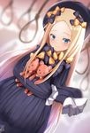  abigail_williams_(fate/grand_order) bangs black_bow black_dress black_hat blonde_hair blue_eyes blurry blurry_background blush bow bug butterfly closed_mouth commentary depth_of_field dress dutch_angle fate/grand_order fate_(series) hair_bow hat highres insect long_hair long_sleeves looking_at_viewer maosame noose object_hug orange_bow parted_bangs polka_dot polka_dot_bow rope sleeves_past_wrists smile solo stuffed_animal stuffed_toy teddy_bear very_long_hair 