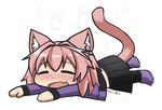  :d =_= animal_ears astolfo_(fate) bangs black_skirt blush cat_ears cat_tail chibi closed_eyes cowfee eyebrows_visible_through_hair facing_viewer fang fate/apocrypha fate_(series) full_body grey_footwear long_sleeves lying male_focus nose_blush on_stomach open_mouth otoko_no_ko pink_hair pleated_skirt purple_shirt shirt shoes signature skirt smile solo tail watermark white_background wide_face 