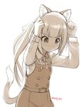  animal_ears bangs bell belt blunt_bangs blush cat_ears commentary cowboy_shot dress ebifly eyebrows_visible_through_hair fake_animal_ears hands_up holding jingle_bell kantai_collection kasumi_(kantai_collection) long_hair long_sleeves looking_down monochrome neck_ribbon nose_blush pinafore_dress putting_on_headwear remodel_(kantai_collection) ribbon school_uniform sepia shirt side_ponytail simple_background solo standing sweatdrop tail twitter_username white_background 