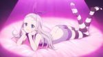  10s 1boy :3 animated animated_gif ass blend_s blue_eyes blush butt_crack chin_rest grey_hair hair_bow kanzaki_hideri legs_up long_hair looking_at_viewer lying on_stomach one_eye_closed open_mouth smile solo striped striped_legwear subtitled thighhighs trap virgin_killer_sweater wink 