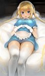  absurdres apron blend_s blonde_hair blue_eyes blurry blush breasts commentary_request depth_of_field dress eyebrows_visible_through_hair gloves greatmosu hair_between_eyes head_scarf highres hinata_kaho large_breasts long_hair looking_at_viewer lying on_back on_bed open_mouth panties pantyshot pantyshot_(lying) short_dress solo stile_uniform sweatdrop taut_clothes taut_dress thick_thighs thighhighs thighs twintails underwear v-shaped_eyebrows very_long_hair waist_apron waitress white_gloves white_legwear zettai_ryouiki 