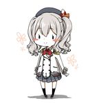  blush_stickers chibi chimaki. epaulettes frilled_sleeves frills full_body gloves grey_skirt kantai_collection kashima_(kantai_collection) kerchief long_sleeves military military_jacket military_uniform neckerchief pleated_skirt red_neckwear shadow sidelocks silver_hair skirt smile solo standing tsurime twintails uniform wavy_hair white_background white_gloves 