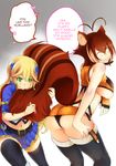  2girls animal_ears arc_system_works ass blazblue blonde_hair breasts bronyroxa cleavage green_eyes hair_clip large_breasts makoto_nanaya monster_girl multiple_girls noel_vermillion panties revealing_clothes sideboob skirt smile squirrel_ears squirrel_tail tail text two-tone_hair underboob 