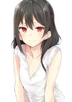  absurdres bangs black_hair breasts cleavage collarbone flat_(joppin_karu!) hair_between_eyes hair_down highres long_hair looking_at_viewer love_live! love_live!_school_idol_project older red_eyes shirt simple_background sleeveless sleeveless_shirt small_breasts smile solo upper_body v-neck white_background white_shirt yazawa_nico 