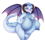  2017 anthro areola balls big_breasts big_penis blue_eyes blush breasts dickgirl dragon horn huge_breasts huge_penis intersex membranous_wings nipples nude open_mouth penis raikissu simple_background solo white_background wings 